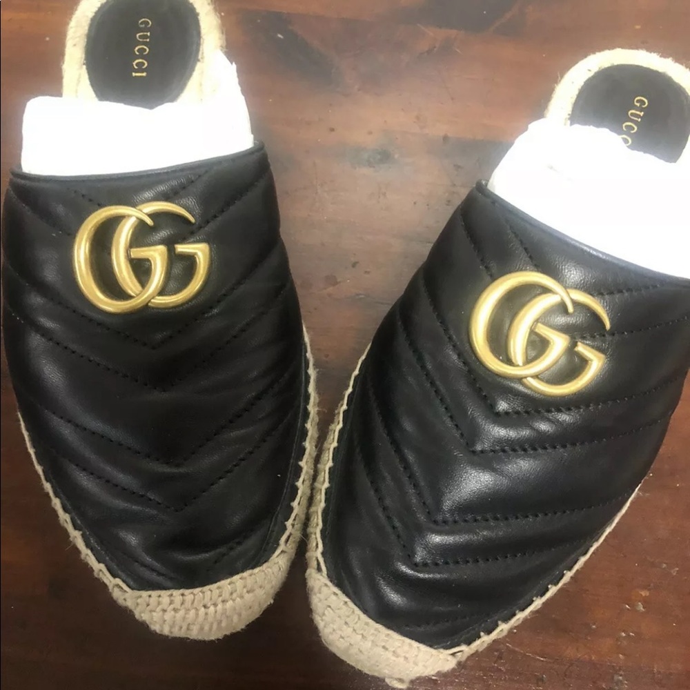 Size 8.5 GUCCI Black Leather Matelassé GG MARMONT Espadrille Slip-On